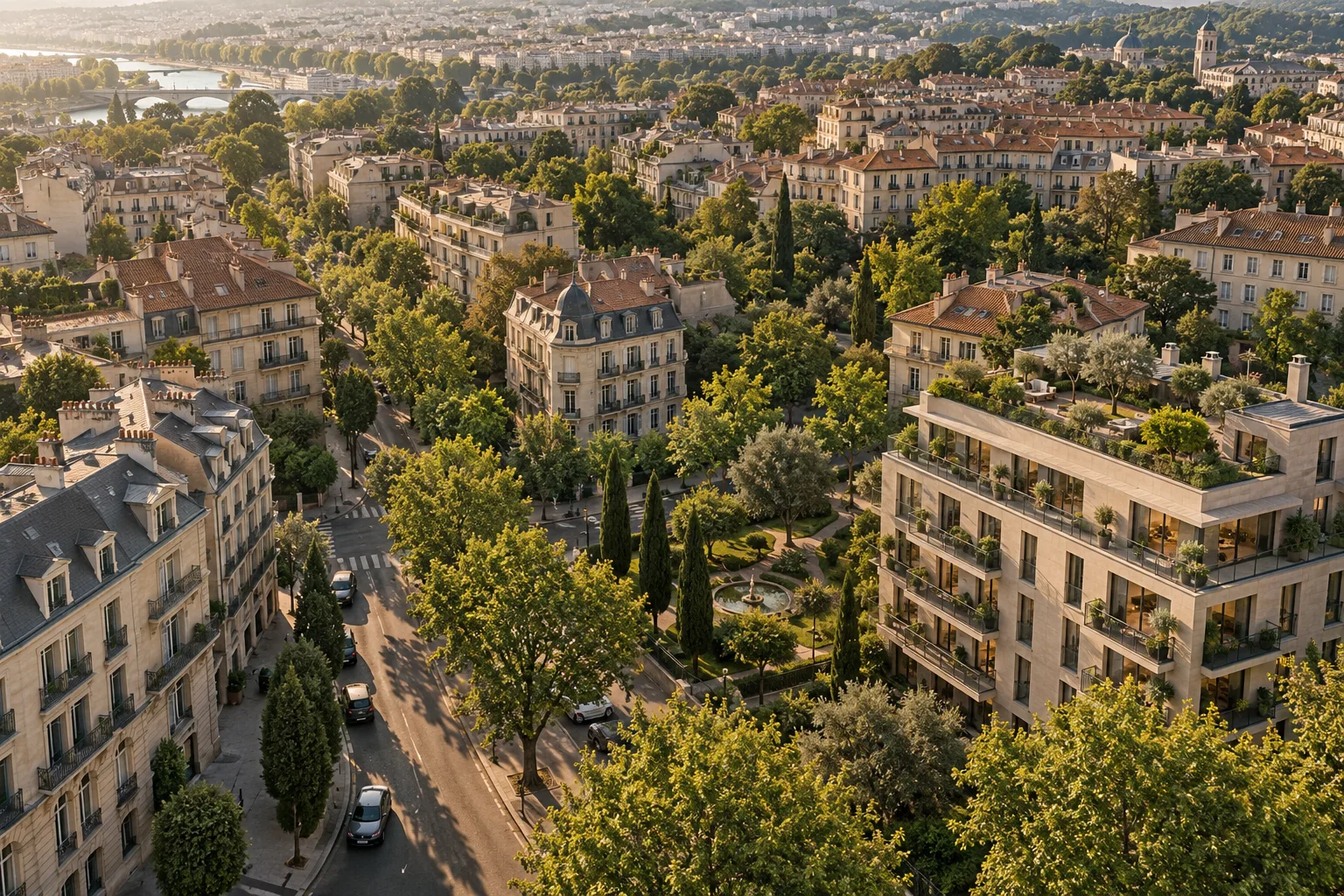 Architectural concept of a leafy European neighbourhood with apartments, balconies and a park